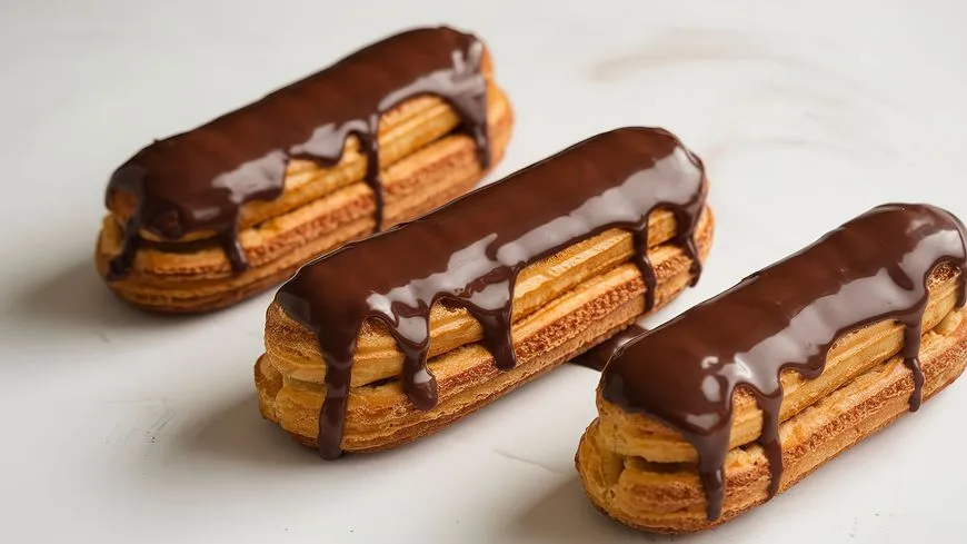 Éclairs au chocolat faits maison, pâtisserie française garnie de crème onctueuse et nappée d’un glaçage au chocolat brillant